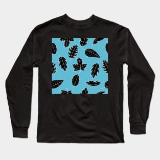 Leaves Pattern - Black and White on Teal Long Sleeve T-Shirt